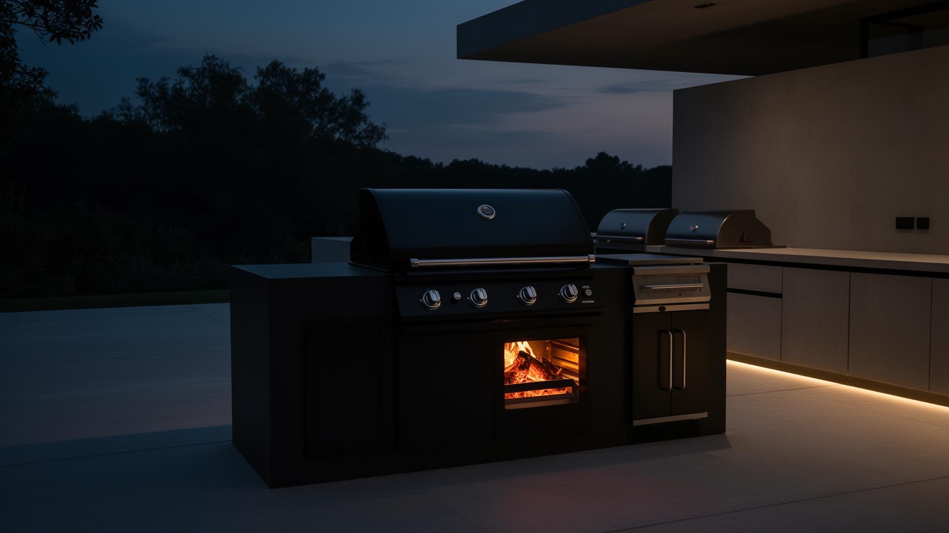 Modern luxury outdoor kitchen at dusk