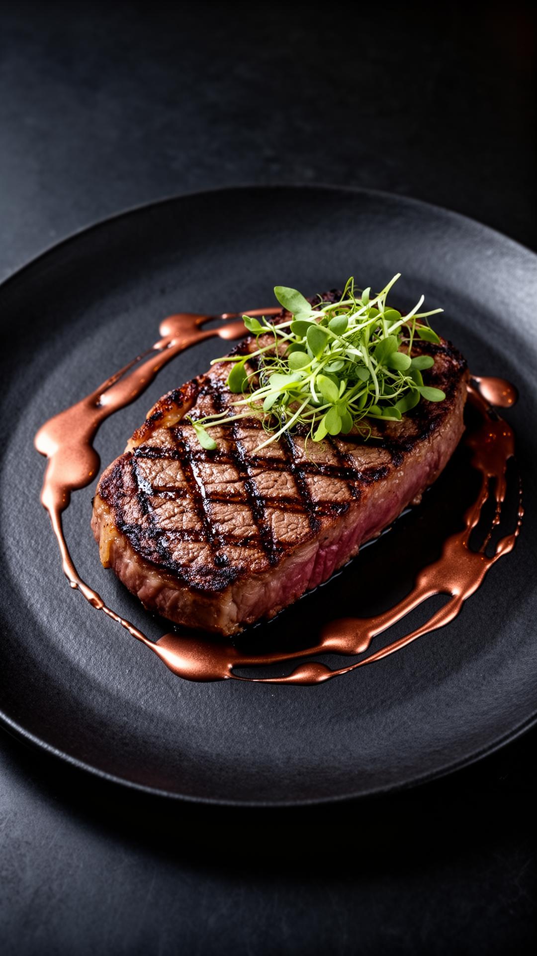 Chef plating a seared steak with copper sauce